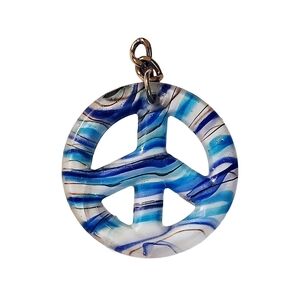 Blue and White Tie Dye Glass Peace Sign Necklace Pendant 2"